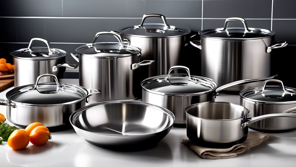 Please generate an image of a sleek and modern stainless steel induction cookware set featuring pots, pans, and lids of various sizes arranged neatly on a kitchen counter. The cookware should be shining and of high quality, showcasing its durability 