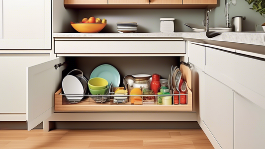 Create an image of a sleek kitchen with under-cabinet storage baskets installed, showcasing how convenient and easy they are to use. Include a variety of items inside the baskets to highlight their functionality and organization benefits. The image s