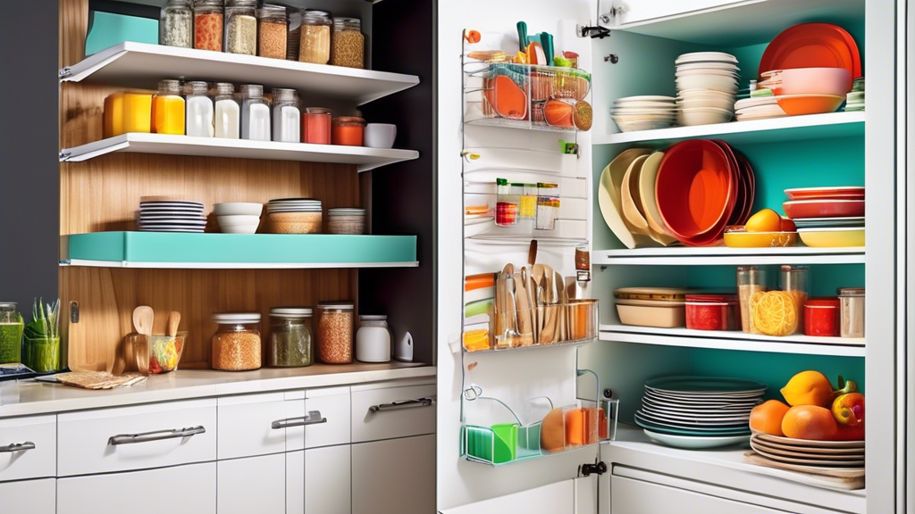 Create an image of a kitchen with clever storage solutions in action, showcasing various easy kitchen storage hacks such as hanging racks, drawer organizers, pantry labels, and stacked container systems. Each hack should be clearly labeled and visual