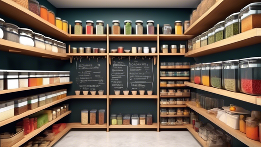 Create an image showing a well-organized pantry with labeled containers, baskets for grouping similar items, a rotating spice rack for easy access, shelves with adjustable dividers, and a chalkboard wall for writing down shopping lists and meal plans