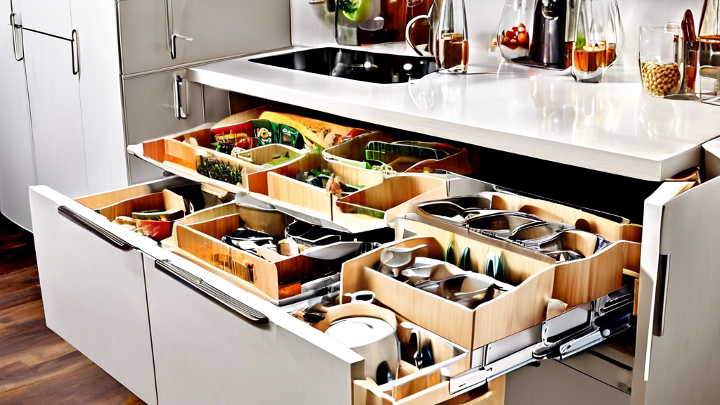 Create an image where a modern, clutter-free kitchen is skillfully organized with clever hidden storage solutions. Show a sleek kitchen counter with cleverly concealed storage compartments for pots and pans, spices, and utensils. Include innovative s