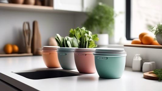 Create an image of a small, minimalist kitchen counter with a set of compact collapsible measuring cups neatly stacked together. The measuring cups should be stylish and modern in design, showcasing their space-saving features and versatility for sma