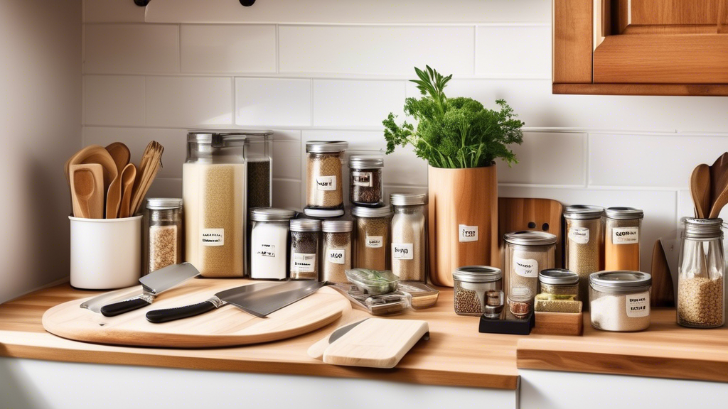 Create an image of a well-organized kitchen counter with various ingredients, cutting boards, knives, and containers neatly arranged. Include labels for each tip: 
1. Plan your meals in advance. 
2. Invest in quality storage containers. 
3. Batch coo