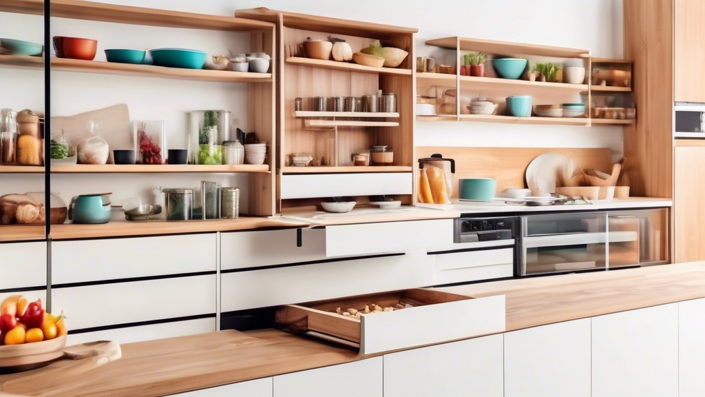 Create an image of a modern kitchen with innovative storage solutions such as drawers that slide out, shelves that fold, and magnetic containers on the wall to inspire home cooks looking to optimize their kitchen organization.