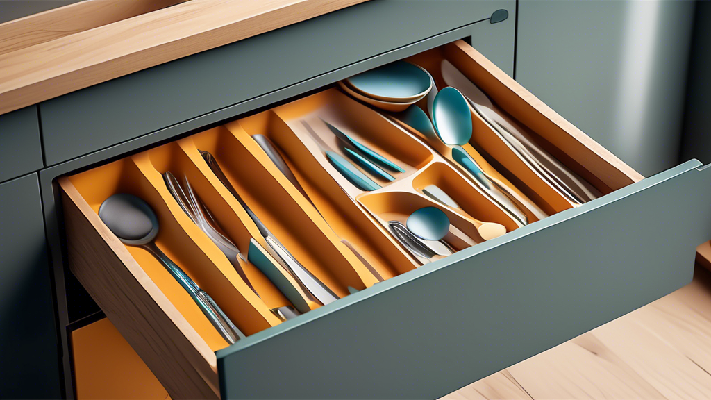 An image showing a sleek and modern kitchen drawer organizer with customizable compartments for storing utensils, with varying sizes and shapes of compartments to maximize organization and efficiency.