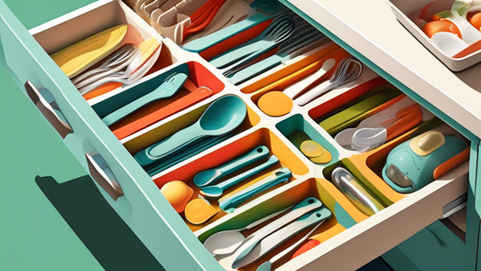 Create an image of a kitchen drawer filled with various efficient kitchen organizers for home cooks, showcasing a range of compartments, trays, and dividers for keeping utensils, tools, and accessories neat and easily accessible.