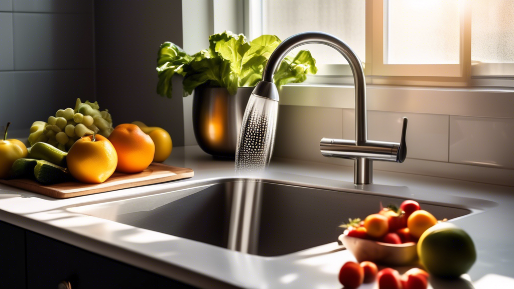 Create an image of a sleek and modern kitchen featuring an over-the-sink stainless steel colander being used to efficiently rinse and strain fruits and vegetables, with sunlight streaming in through the window highlighting the practicality and elegan