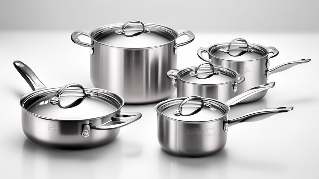 Create an image of a modern, sleek stainless steel cookware set with visible measurement markings engraved on the sides of each pot and pan. The cookware should be arranged neatly to showcase various sizes and pieces in the set, emphasizing the conve