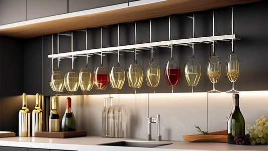 Create an image of a modern kitchen with a sleek stemware rack organizer, neatly displaying an assortment of wine glasses and champagne flutes in an organized and visually appealing manner. The rack should blend seamlessly with the kitchen decor, sho