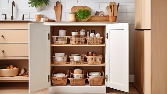Create an image showing a small kitchen space with limited cabinet storage. Show how over-the-door storage baskets can be utilized to maximize the available storage space and keep the kitchen organized and clutter-free. Capture the functionality and 