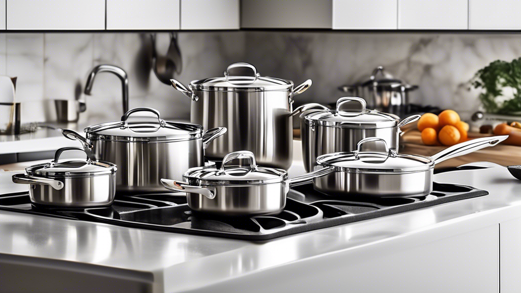 Create an image of a luxurious and modern kitchen showcasing a variety of durable stainless steel cookware sets, neatly arranged on a countertop. Each cookware set should be visually distinct, with sleek designs and glossy finishes, inviting home che