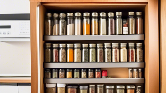 Create an image of a compact and organized spice storage solution in an RV kitchen, showcasing innovative ways to store and display a variety of spices in limited space. Include labels for each spice and incorporate space-saving techniques such as ma