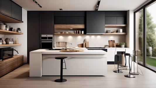 Create an image of a sleek and modern kitchen showcasing the top trendy kitchen equipment for a contemporary home. Include items such as a smart fridge, a stylish espresso machine, a high-tech induction cooktop, and elegant cookware that would appeal
