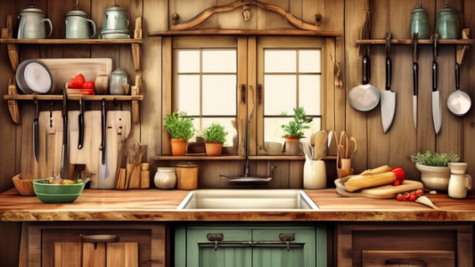 Create an image of a rustic farmhouse kitchen with charming knife holders displayed on a wooden countertop. The knife holders should have a cozy and inviting appearance, blending seamlessly with the charming and countryside aesthetic of the kitchen. 