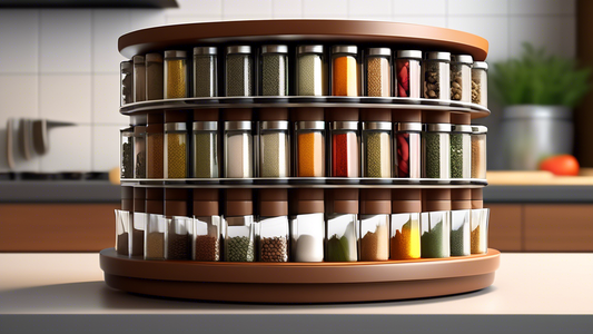 Create an image of a modern kitchen countertop showcasing a sleek, rotating spice rack filled with an assortment of neatly arranged spices and herbs. The rack should be designed with easy access to each spice jar and should be compact and stylish, ad