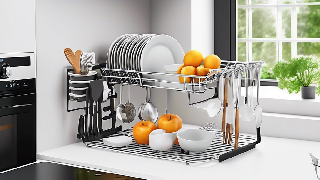 Create an image of a stylish and innovative space-saving dish drying rack, designed to maximize kitchen efficiency and convenience. The rack should be compact and sleek, with versatile storage options for dishes, glasses, and utensils. The design sho