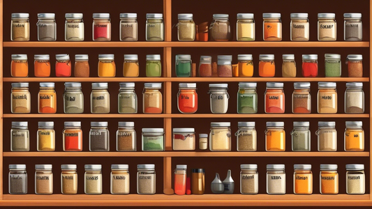 Create an image of a neatly organized spice rack with labeled jars, arranged in alphabetical order, in a kitchen setting. Each label should be clearly visible, showcasing a variety of spices. The image should convey a sense of organization and simpli