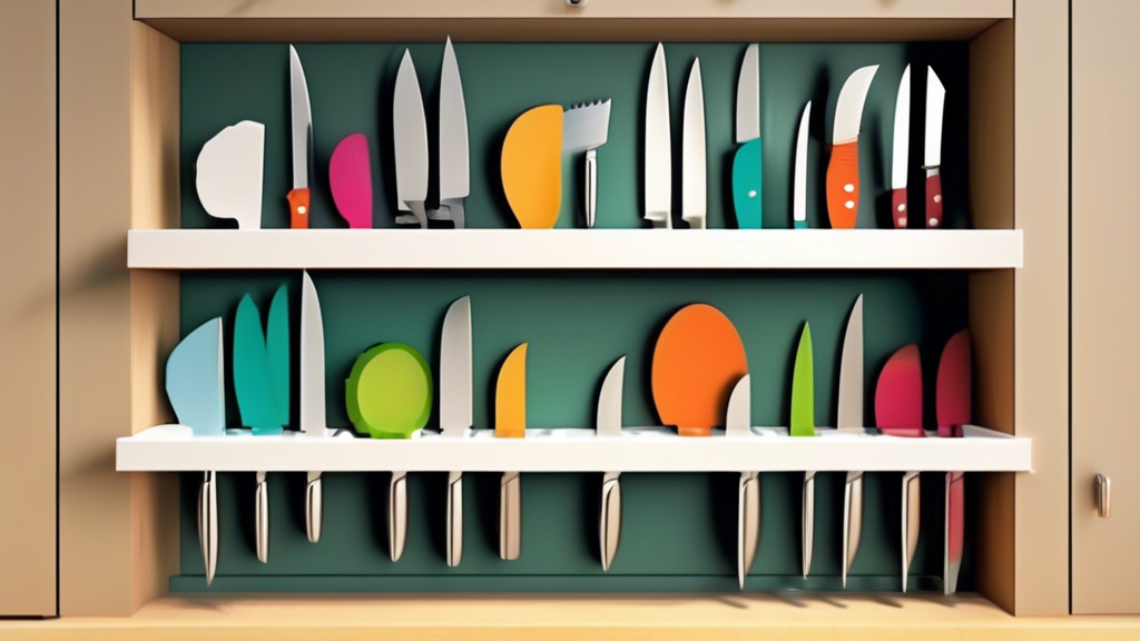 Create an image of a compact kitchen with limited counter space, showcasing innovative ways to store and organize knives to maximize efficiency and save space. Include ideas such as magnetic knife strips, under-cabinet knife blocks, or drawer organiz