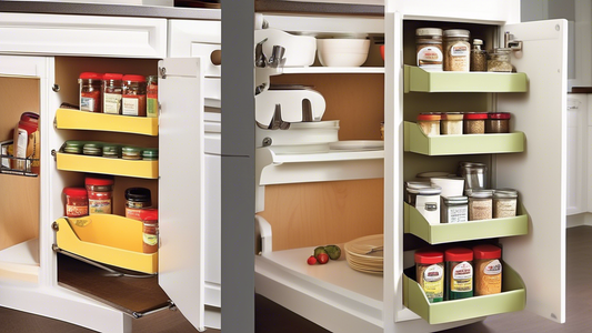 Create an image of a kitchen cabinet with three clever organizer ideas implemented: a stackable shelf organizer for maximizing vertical space, a pull-out drawer for easy access to pots and pans, and a door-mounted spice rack to keep seasonings within