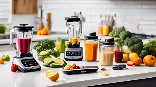 Create an image of a modern, well-organized kitchen countertop featuring a variety of essential kitchen gadgets for healthy cooking. Show items such as a high-quality blender for smoothies, a colorful assortment of fruits and vegetables, a digital fo