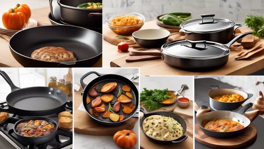 Create an image of a diverse array of cookware items in a kitchen setting, showcasing how each piece can be used in multiple ways to enhance cooking techniques and efficiency for home chefs. Include examples such as a skillet that can be used for fry