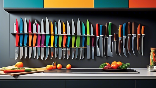 Create an image of a modern kitchen with innovative knife storage solutions, such as magnetic strips, under-cabinet racks, and drawer inserts, showcasing a variety of knives neatly organized and easily accessible for home cooks.