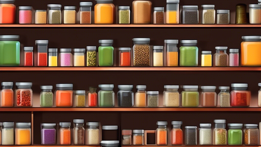 Create an image of a modern kitchen pantry filled with sleek and stackable spice racks, neatly organizing a variety of vibrant spice jars. The racks should be space-saving and aesthetically pleasing, showcasing an efficient way to store and access sp