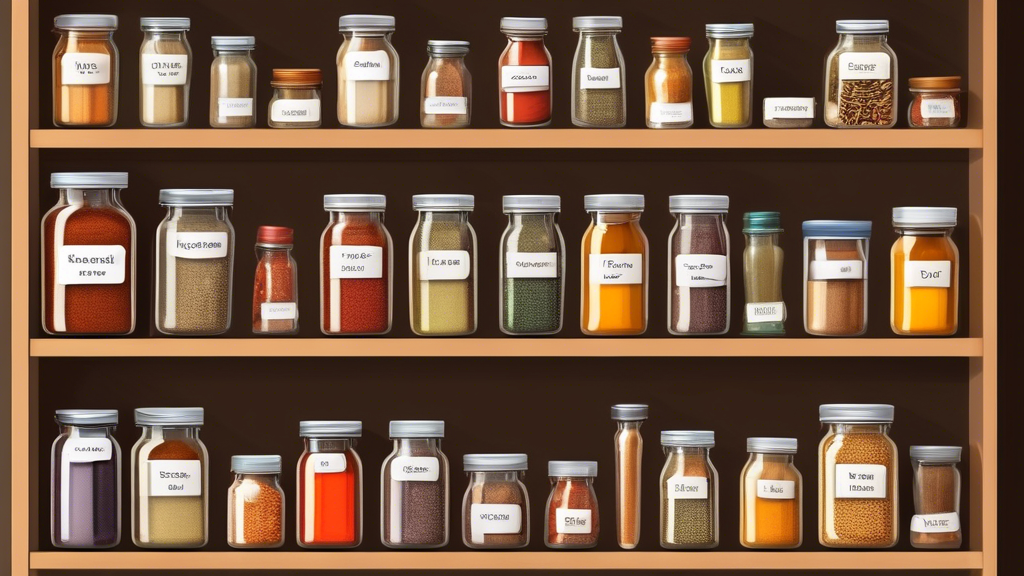 Create an image of a kitchen pantry shelf with various jars and containers filled with bulk spices neatly organized and labeled for space-saving storage. The spices should be arranged in a visually appealing way that showcases both their variety and 