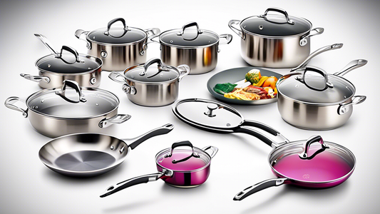 Create an image of the top 10 stainless steel cookware sets specifically designed for induction cooking, showcasing a variety of pot and pan sizes as well as their sleek and modern designs. Make sure each set is clearly labeled with their brand names