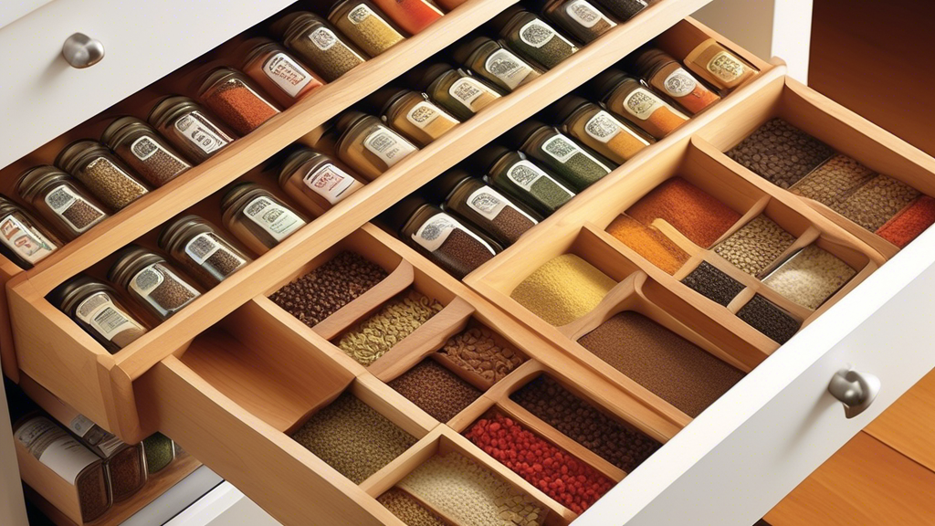 Create an image of a well-organized spice drawer with various top liner options, showcasing how each liner can help keep your spices neat and easily accessible in the kitchen. Include examples of different liner materials such as rubber, cork, or foa