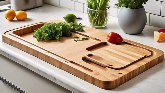 Create an image of an innovative over-the-sink cutting board with built-in storage compartments, designed to optimize kitchen space and streamline food preparation. The cutting board should be made of high-quality wood or bamboo, featuring efficient 