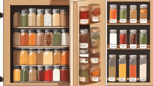 Create an image of a well-organized spice rack with labeled jars, magnetic spice containers on a wall, a tiered spice rack in a kitchen cabinet, a spice drawer with dividers, and a rotating spice carousel on a countertop. Make sure the spices are nea