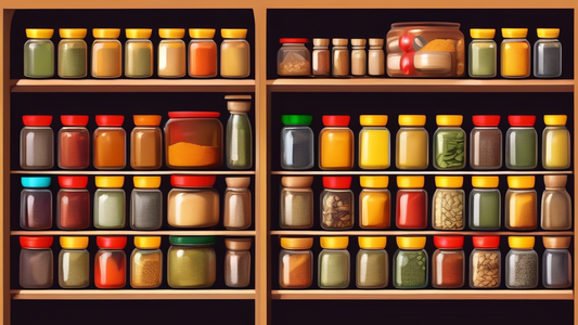 Create an image of a perfectly organized spice rack with various spices in color-coded containers or jars, neatly arranged and labeled for easy identification. Display different colored spices like red chili powder, yellow turmeric, green cardamom, a