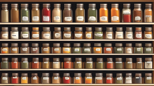Create an image of a well-organized spice shelf with labels for each spice, utilizing clever storage solutions such as rotating racks, magnetic containers, or tiered shelves. Show a clutter-free and visually appealing arrangement that showcases creat