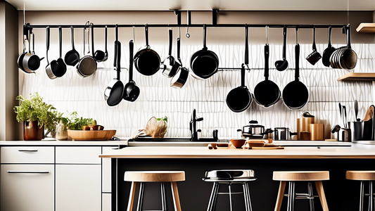 Create an image of a modern, sleek kitchen with a newly installed adjustable pot rack hanging above a neatly organized and decluttered countertop. Show a variety of pots and pans hanging on the rack, with labels or annotations indicating their adjust