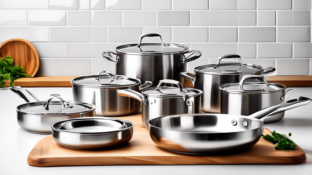 Create an image of a stylish and professional-looking stainless steel cookware set that showcases various pots and pans, all priced under $100. The cookware should look high-quality and practical, suitable for a home kitchen. The image should highlig