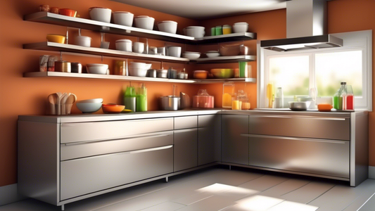Create an image of a modern, organized kitchen with sleek stainless steel corner shelves prominently displayed. The shelves should be elegantly designed and fully stocked with various kitchen essentials, showcasing both functionality and style.