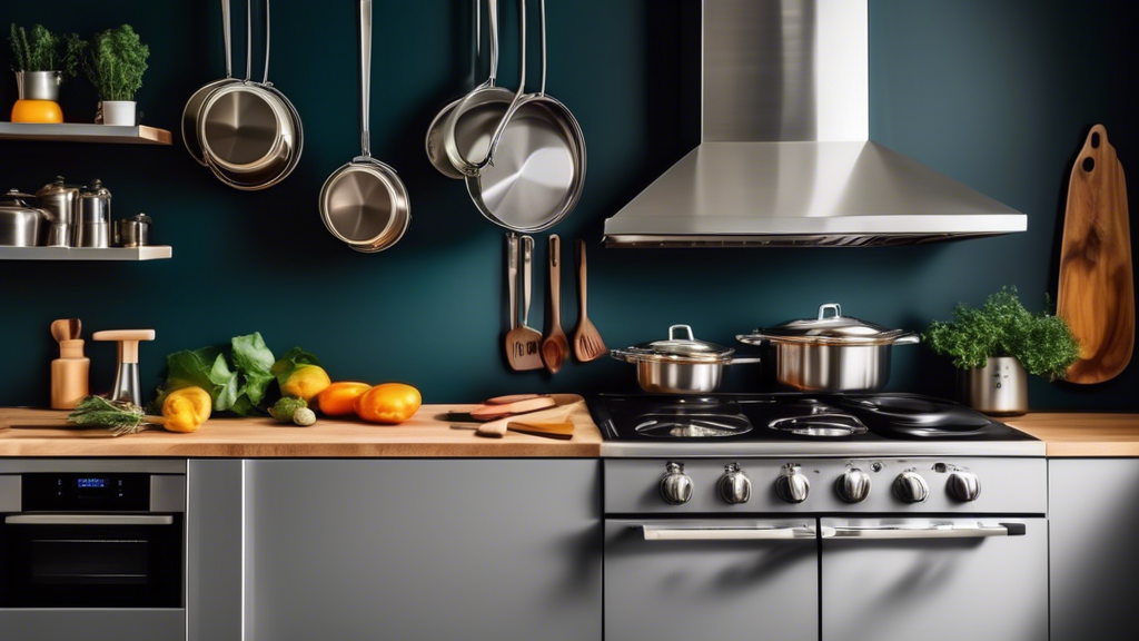 Create an image of a modern kitchen filled with a variety of eco-friendly stainless steel cookware sets, beautifully displayed on the countertops and hanging racks. The cookware should feature sleek designs and vibrant colors to demonstrate their aes