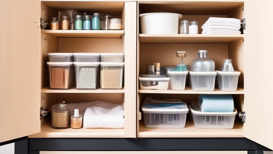 Create an image illustrating five different creative under-sink storage ideas for small spaces, such as pull-out drawers, stackable bins, hanging organizers, over-the-door caddies, and adjustable shelves. Each storage idea should be labeled for easy 