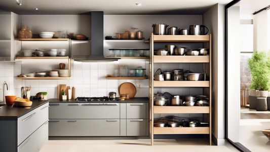 Create an image of a modern kitchen with sleek and versatile shelf organizers specifically designed for pots and pans. The organizers should showcase a variety of adjustable shelves, hooks, and compartments to efficiently store and display different 