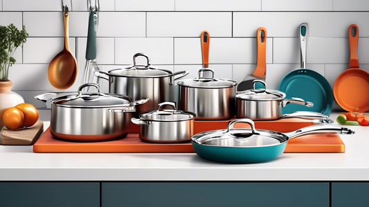 Create an image of a compact, space-saving stainless steel cookware set laid out neatly on a small kitchen counter, showcasing its sleek design and practicality for small kitchen spaces.
