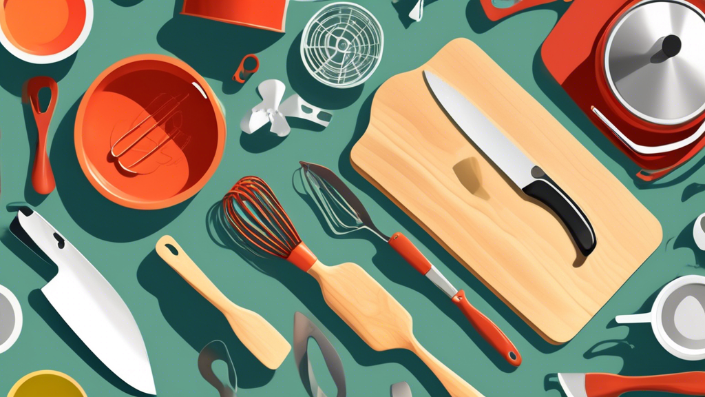 Create an image of a modern kitchen countertop with various essential kitchen tools neatly arranged, including a chef's knife, cutting board, measuring cups, whisk, spatula, mixing bowls, can opener, and a saucepan. The image should convey a sense of