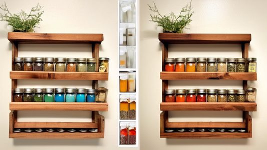 Create an image of a colorful and organized spice rack made from repurposed materials, such as mason jars or reclaimed wood. Show the step-by-step process of assembling and decorating the spice rack, highlighting the creativity and resourcefulness of