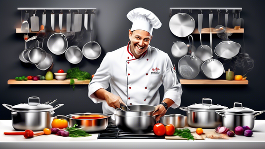 Create an image of a professional chef happily using a set of high-quality stainless steel cookware, showcasing the various features mentioned in the article such as durability, even heat distribution, and sleek design. The chef should be wearing a t