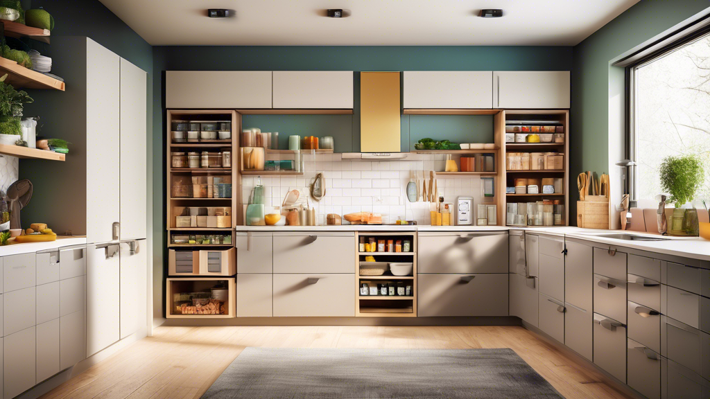 Create an image of a modern kitchen with smart cabinet organization ideas implemented, showcasing innovative storage solutions like pull-out drawers, labeled bins, adjustable shelving, and vertical organizers to optimize space and improve functionali