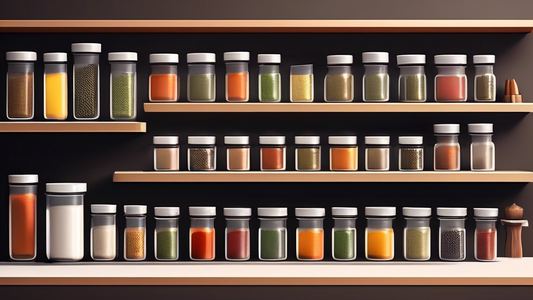 Create an image of a minimalist kitchen with a sleek and organized spice storage solution. Include clear jars or containers lined up neatly on a shelf or in a drawer, with labels on each one for easy identification. The overall look should be clean, 