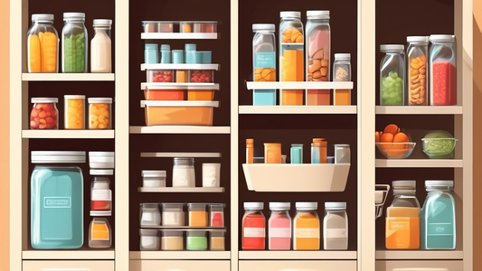 Create an image of a compact pantry with clever organization solutions in place. Show different storage containers, labels, shelf organizers, and space-saving techniques that effectively utilize the limited space in the pantry. Display a variety of f