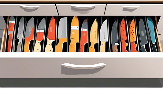 Create an image of a neatly organized knife drawer with various types and sizes of knives, all placed securely in their designated spots. Use dividers, labels, or a specific system to showcase top knife drawer organization tips for readers to easily 