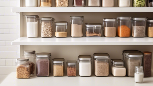Create an image of a beautifully organized pantry shelf filled with a variety of different types of airtight containers, showcasing the best containers for pantry storage. The containers should vary in size, shape, and material, such as glass jars, p