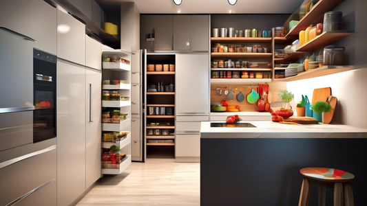 Please generate an image of a modern, organized kitchen with innovative storage solutions such as pull-out pantry shelves, magnetic spice racks, hidden appliance garages, and vertical storage for cutting boards and baking sheets. The kitchen should b